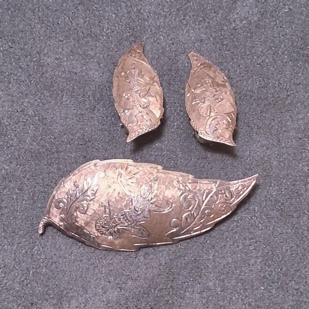 Vintage Siam Sterling Brooch Earrings Set Rare Engraved No Enamel